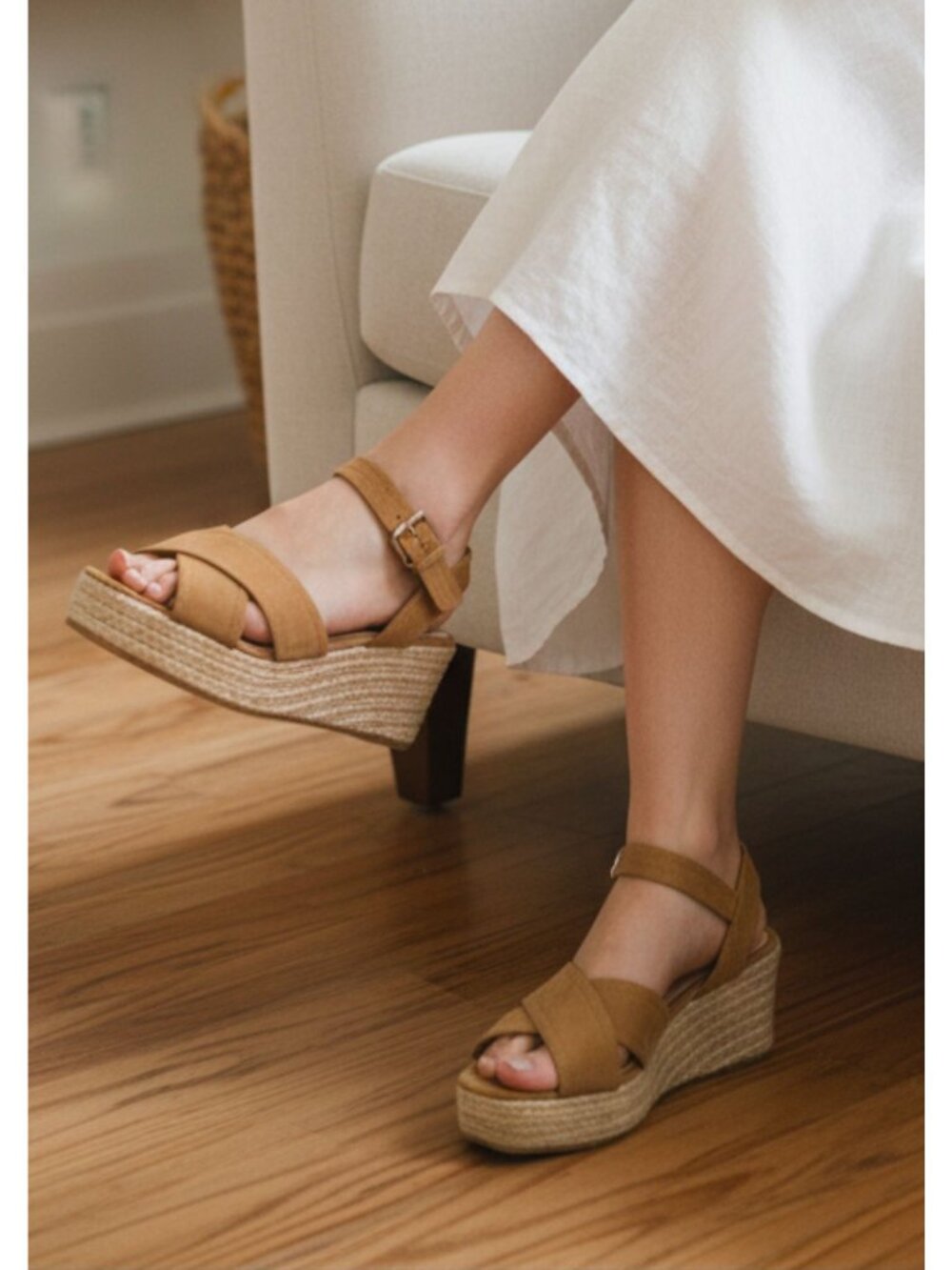 Camel Suede Espadrille Wedge Sandals With Ankle Strap & Buckle Closure For Women